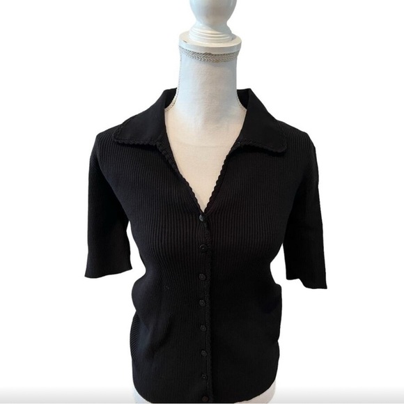 Elie Tahari Ribbed Collared Short Sleeve Cardigan Sweater Black S - Picture 2 of 7